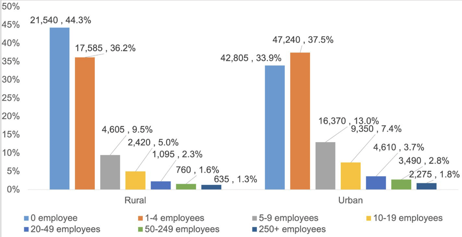 Bar chart showing the proportion and number of registered private sector businesses by urban/rural classification and employee size band. It shows that a larger proportion of business in rural areas in Scotland have 0 employees.