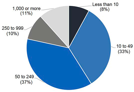 A pie chart illustrating the size of hospitality businesses which survey respondents work for. The largest percentages work in businesses employing between 10 and 49 or 50 and 249 employees.