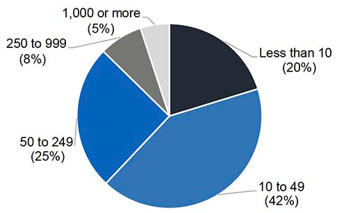 A pie chart illustrating the size of businesses taking part in the survey. The largest percentages employ between 10 and 49 or 50 and 249 employees.