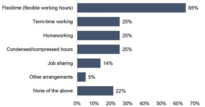 A bar chart illustrating the types of flexible working arrangements available to workers below senior manager grades. While two-thirds offer flexible working hours, much smaller percentages offer other arrangements.