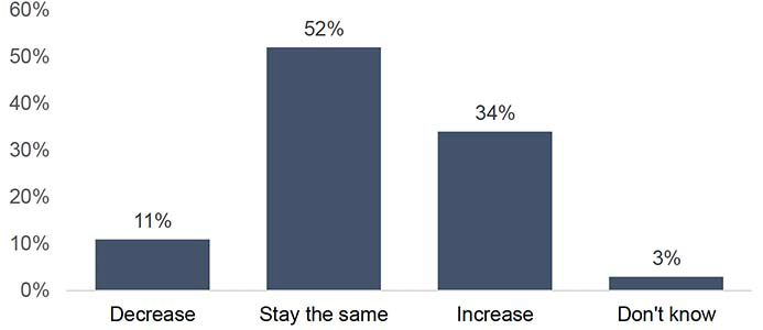 A bar chart illustrating expected changes in training over the next 12 months. Around a third expect an increase.
